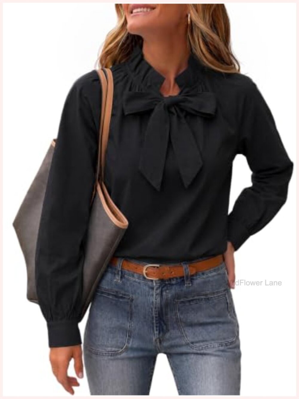 Womens 100% Cotton Bow Tie Neck Puff Long Sleeve Ruffle Blouse
